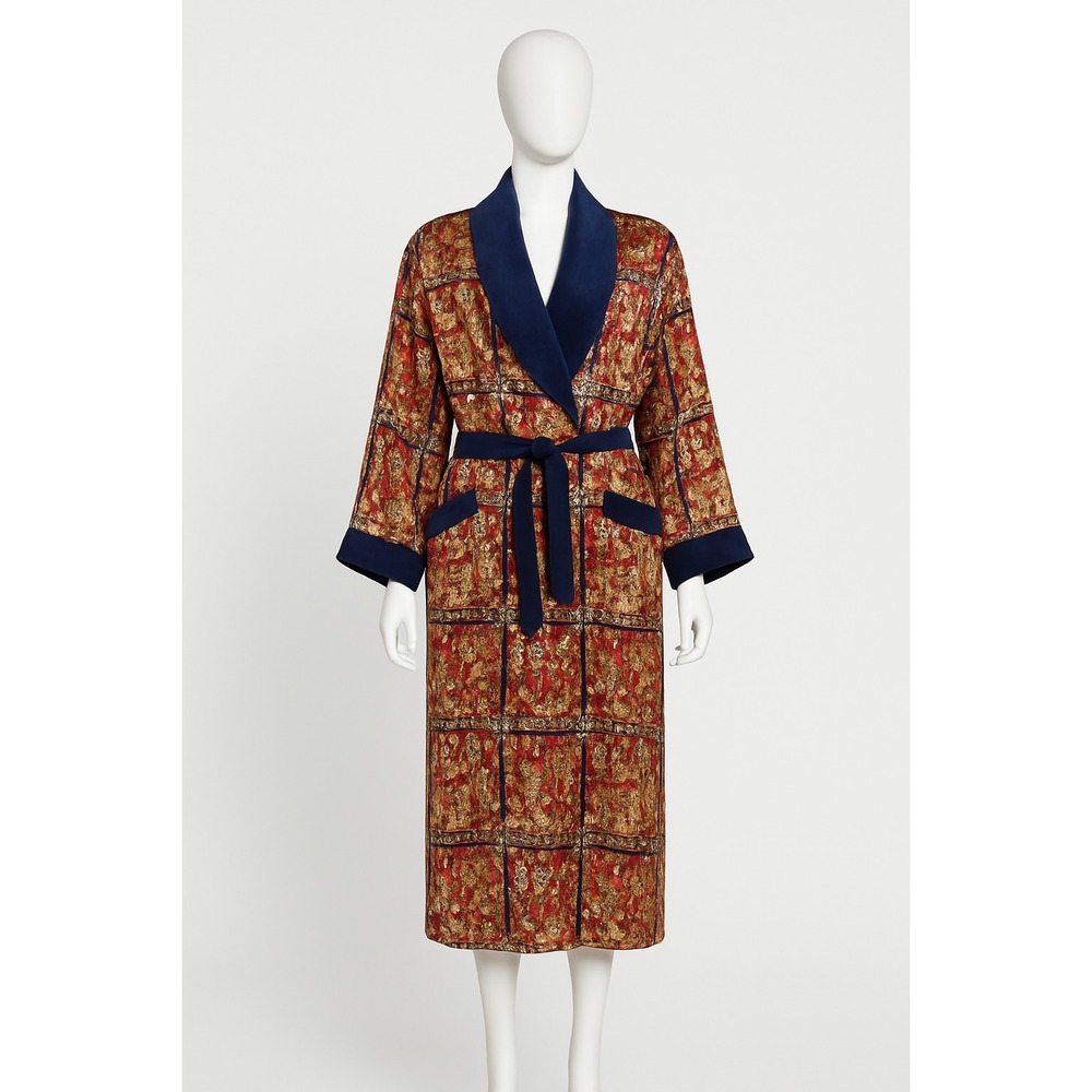 Victoria Secret Vintage-Inspired Tapestry Robe with Navy Satin Trim & Belted - Picture 6 of 7